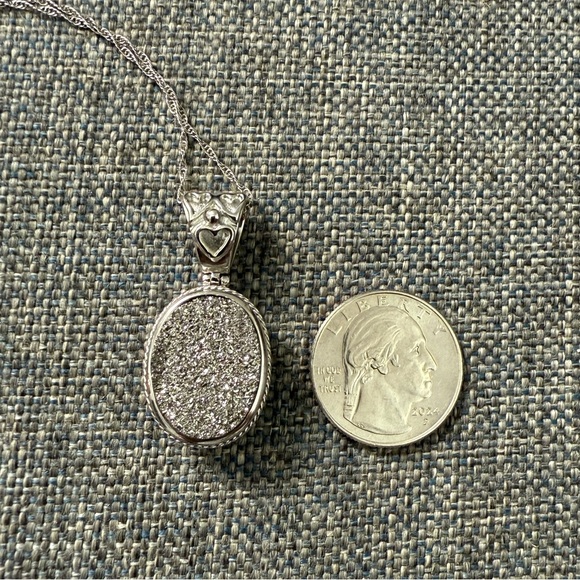 Sterling Silver 925 Druzy Heart Filigree Oval Agate Pendant Necklace - Picture 7 of 7